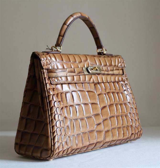 7A Replica Hermes Kelly 32cm Crocodile Veins Leather Bag Light Coffee HC0001 (2)